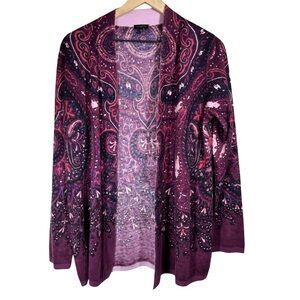 Talbots Large Open Front Paisley Lambswool Blend Cardigan Sweater Fall Autumn